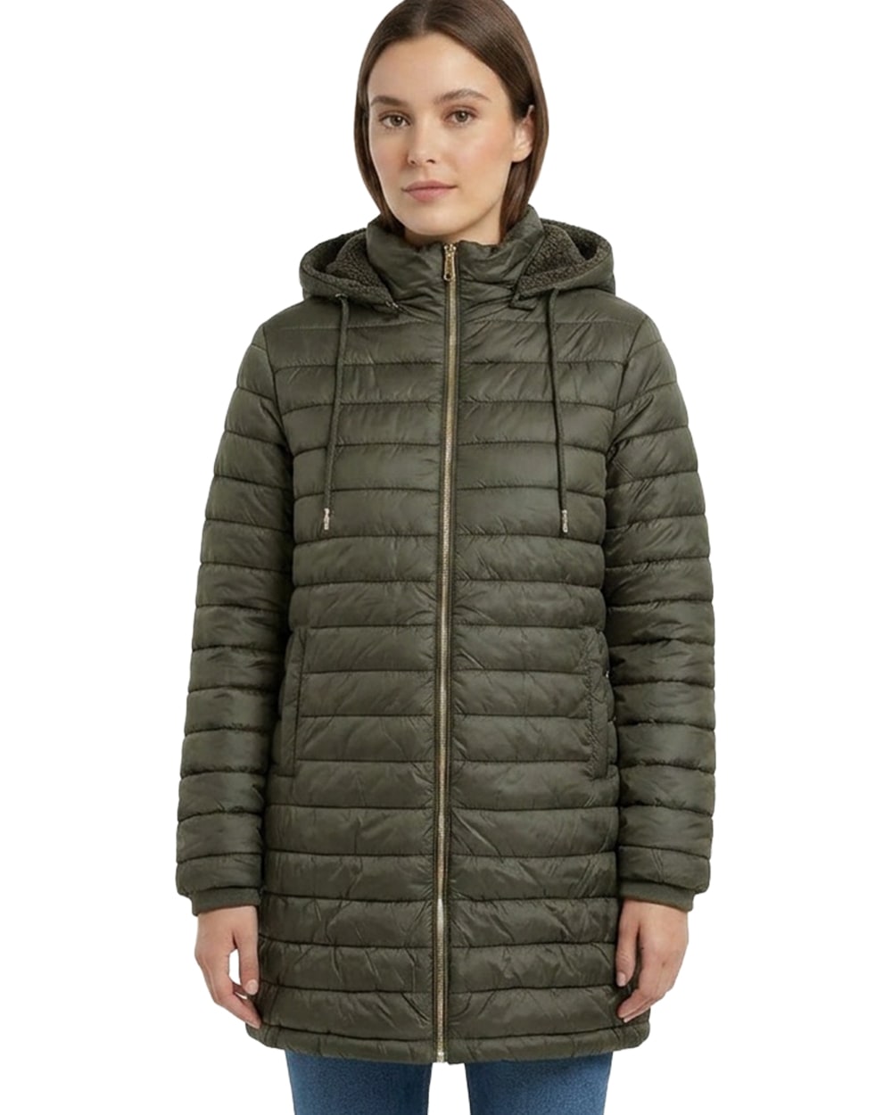 Women’s Longline Hooded Puffer Jacket with Sherpa Lining #22