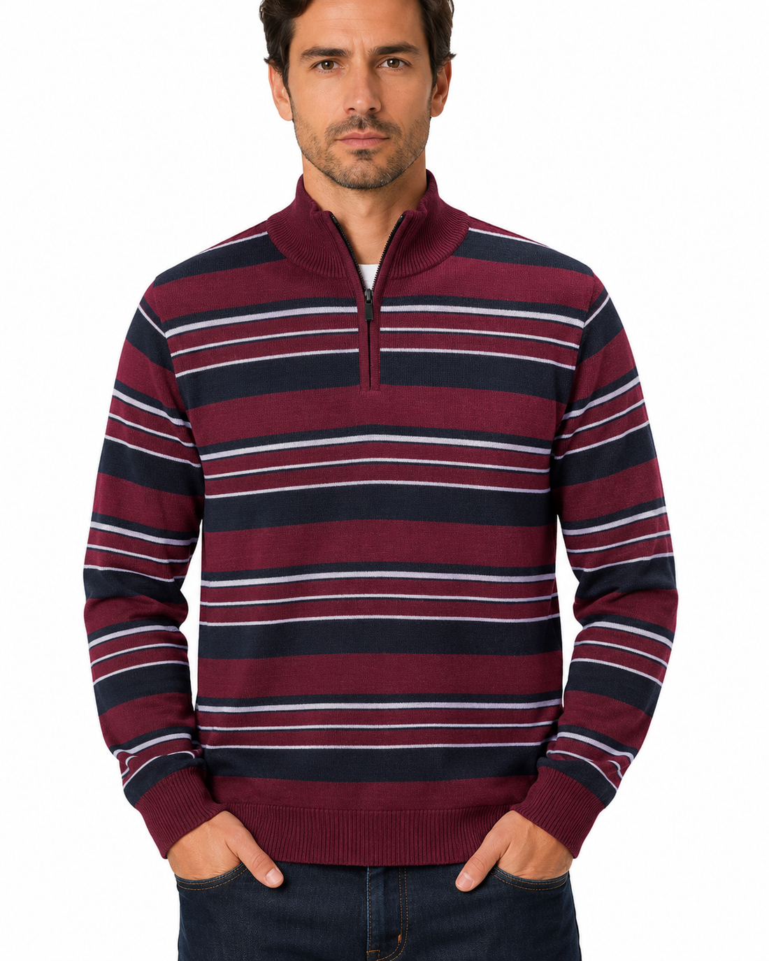 Men's Striped Quarter Zip Sweater #WXX-26