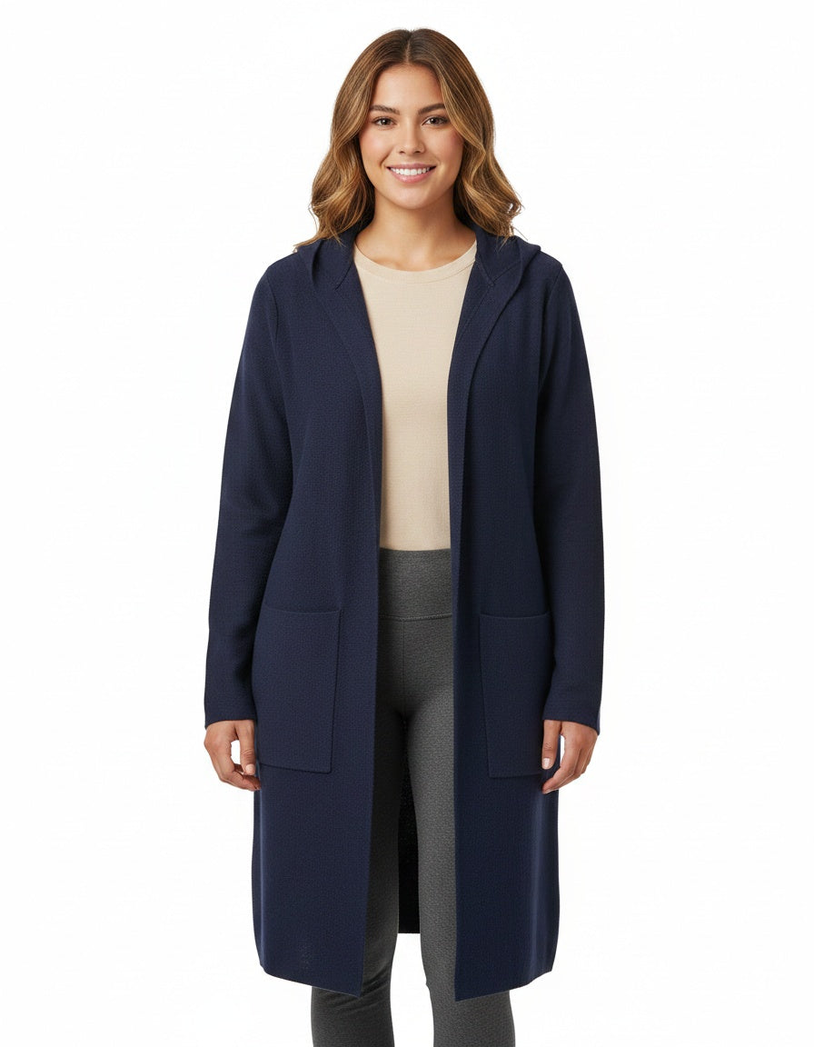Open Front Hooded Cardigan with 2 Square Patch Front Packets