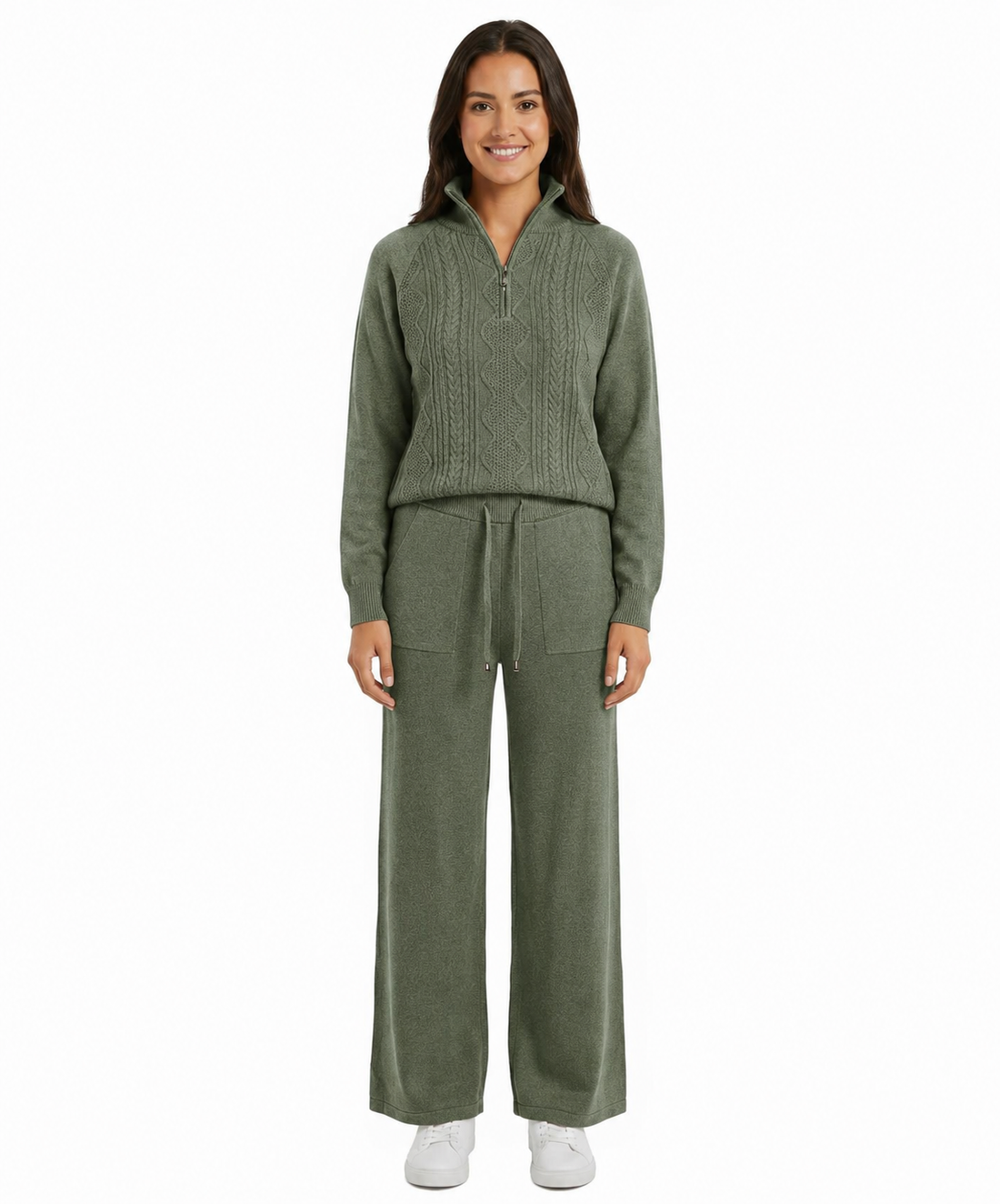 Cable-Knit Quarter-Zip Sweater & Wide-Leg Lounge Set #101