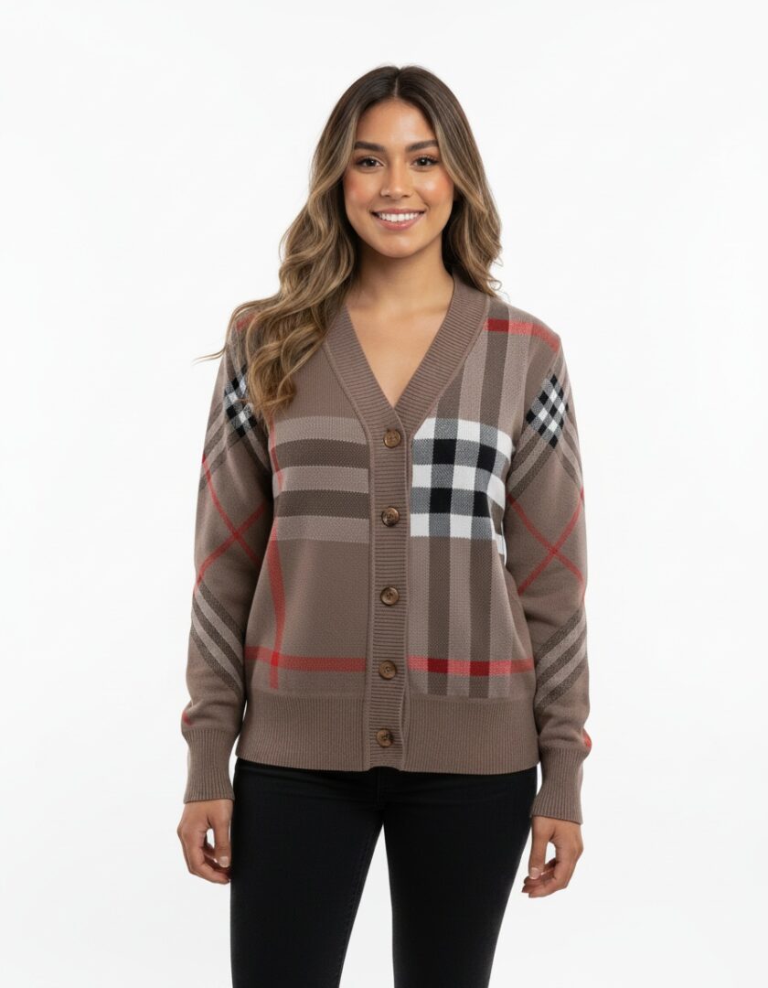 Button-Down Cardigan With Bold Plaid Design