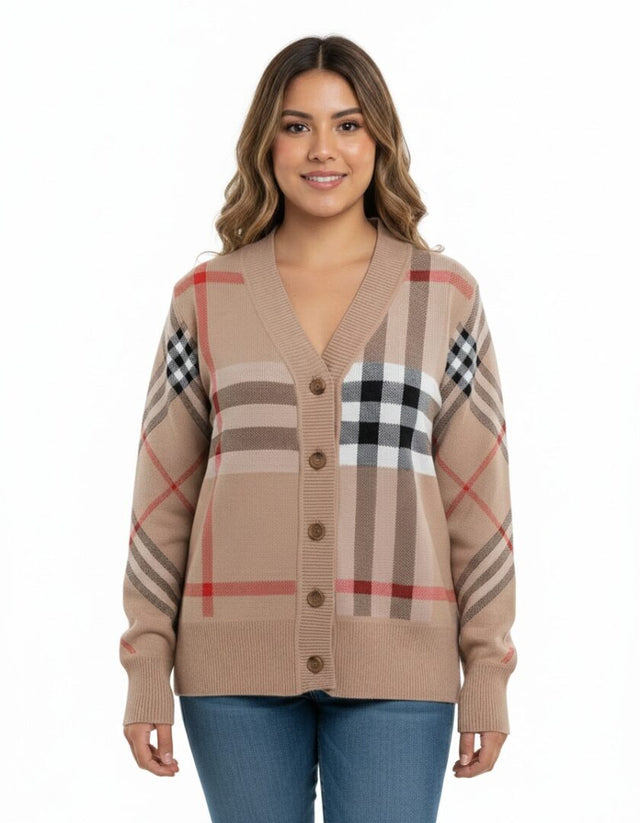 Button-Down Cardigan With Bold Plaid Design