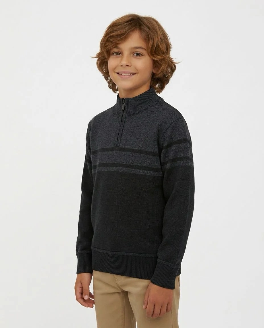 Little Boys' Striped Quarter Zip Sweater W-26
