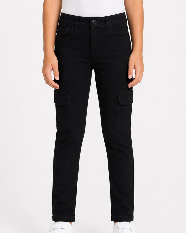 Girls' Skinny Black Twill Pants with Cargo Pockets #02