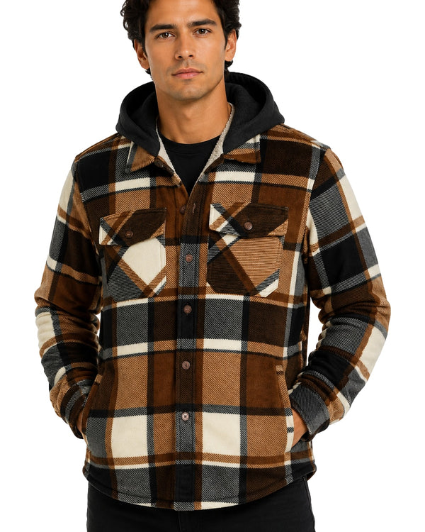 Men's Hooded Shacket with Sherpa Lining #636 Brown