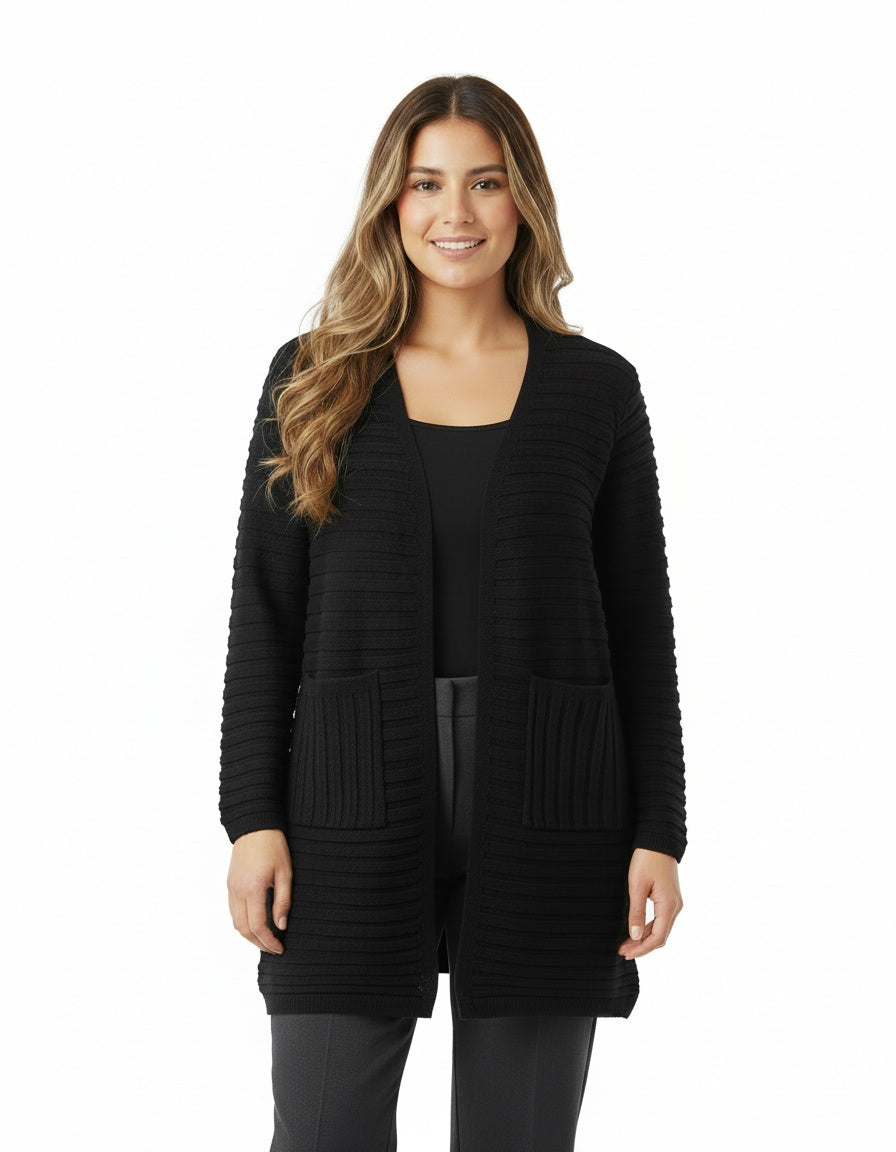 Open Front Cardigan with Horizontal Ribbed Knitting