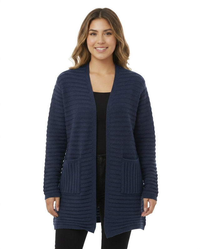 Open Front Cardigan with Horizontal Ribbed Knitting