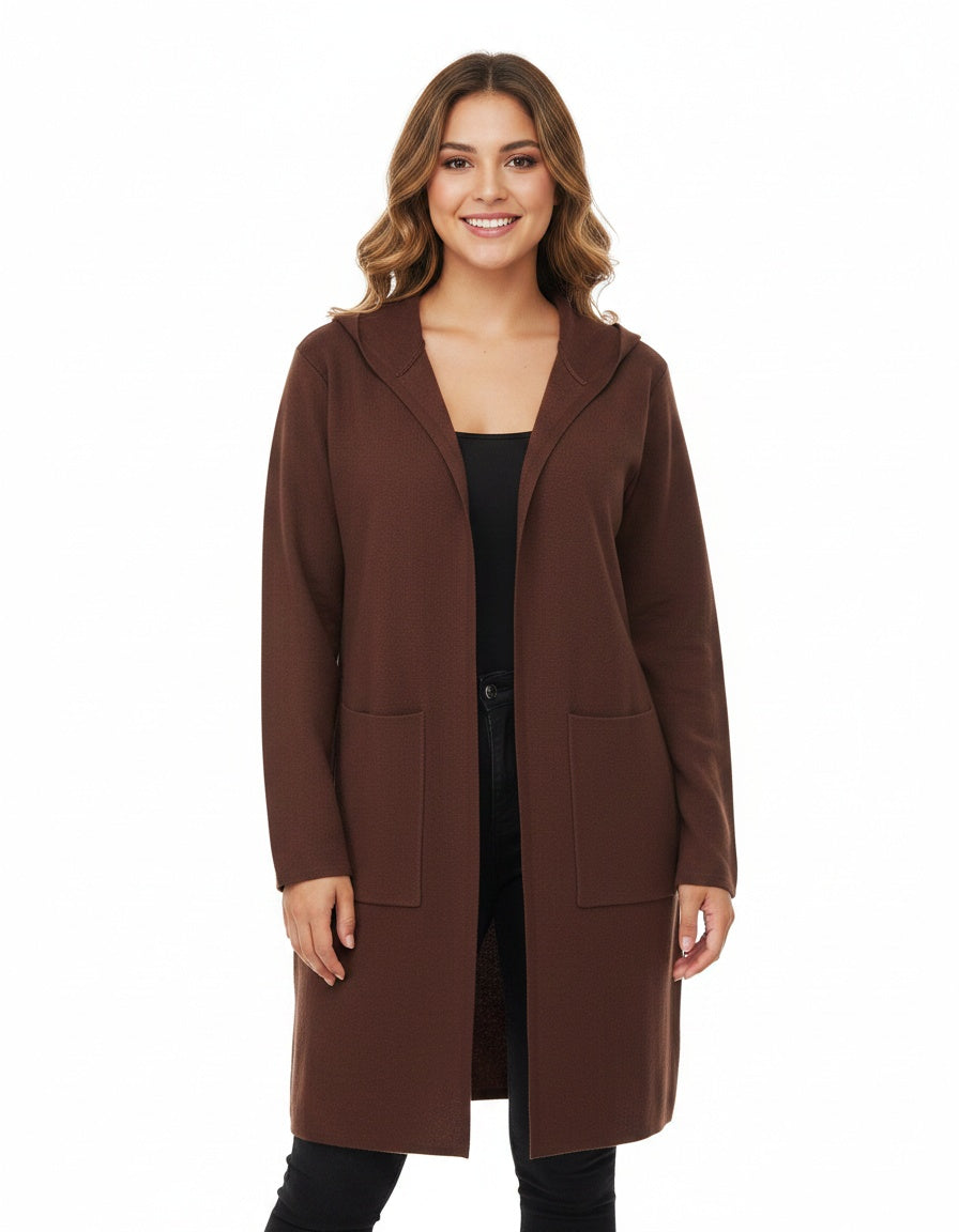 Open Front Hooded Cardigan with 2 Square Patch Front Packets