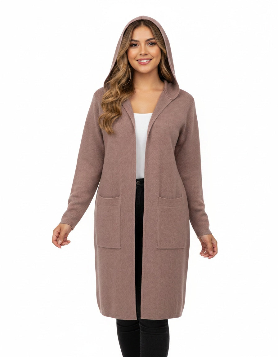Open Front Hooded Cardigan with 2 Square Patch Front Packets