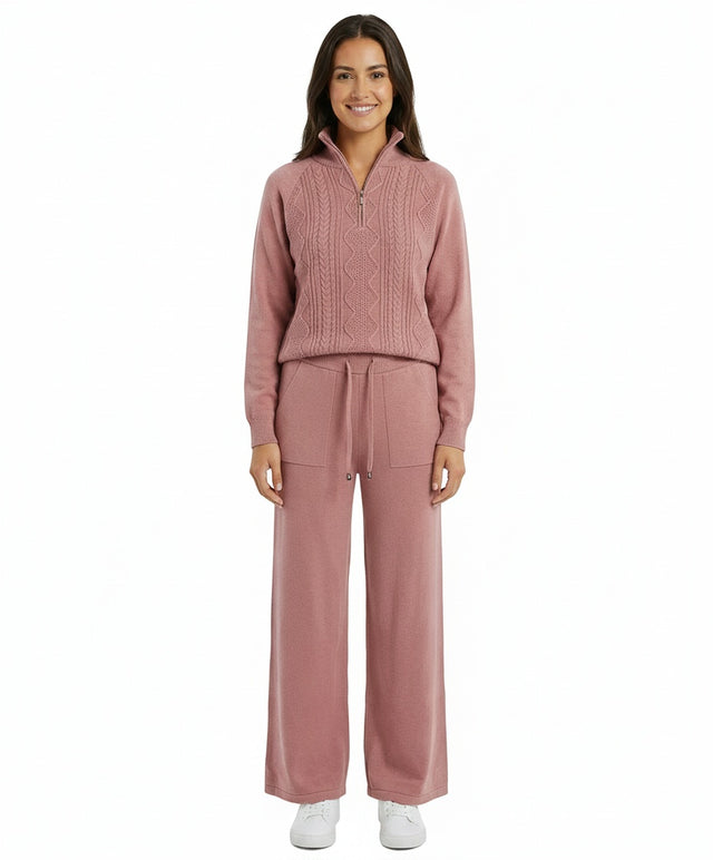 Cable-Knit Quarter-Zip Sweater & Wide-Leg Lounge Set #101